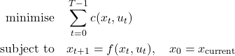 \[ \begin{aligned} \text{minimise} \quad & \sum_{t=0}^{T - 1} c(x_t, u_t) \\ \text{subject to} \quad & x_{t+1} = f(x_t, u_t), \quad x_0 = x_{\text{current}} \end{aligned} \]
