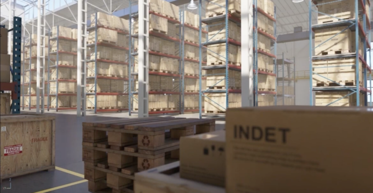 A simulated warehouse scene with high shelves and pallets